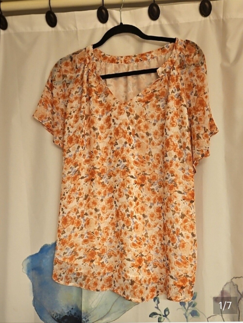Orange Floral V-Neck Flutter Sleeve Lightweight Blouse